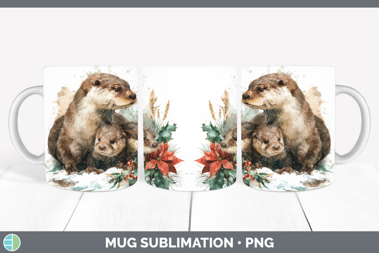 Otter Mug Wrap Woodland Christmas Poinsettia Sublimation Cof