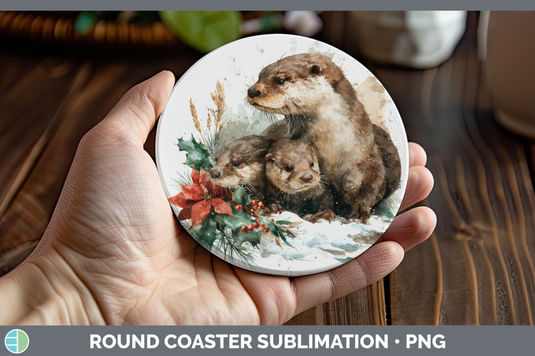 Otter Round Coaster Woodland Christmas Poinsettia Sublimatio