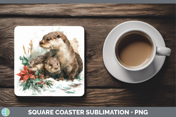 Otter Square Coaster Woodland Christmas Poinsettia Sublimati