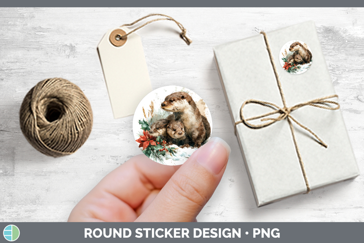 Woodland Christmas Poinsettia Otter Stickers | Round Labels