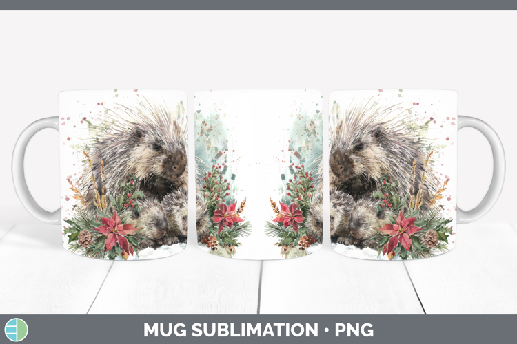 Porcupine Mug Wrap Woodland Christmas Poinsettia Sublimation