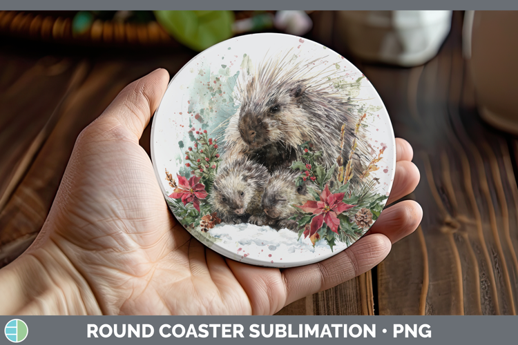 Porcupine Round Coaster Woodland Christmas Poinsettia Sublim
