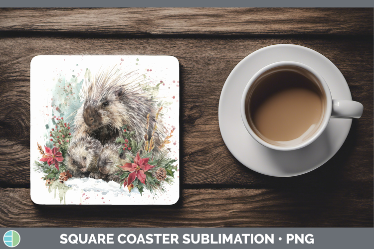 Porcupine Square Coaster Woodland Christmas Poinsettia Subli