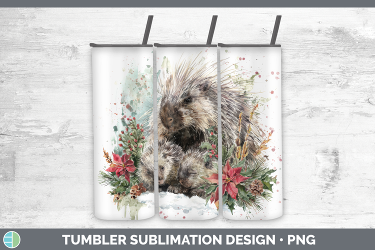 Porcupine Tumbler Woodland Christmas Poinsettia Sublimation