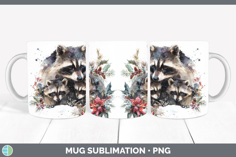 Raccoon Mug Wrap Woodland Christmas Poinsettia Sublimation C