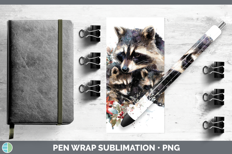 Raccoon Pen Wrap Woodland Christmas Poinsettia Sublimation P