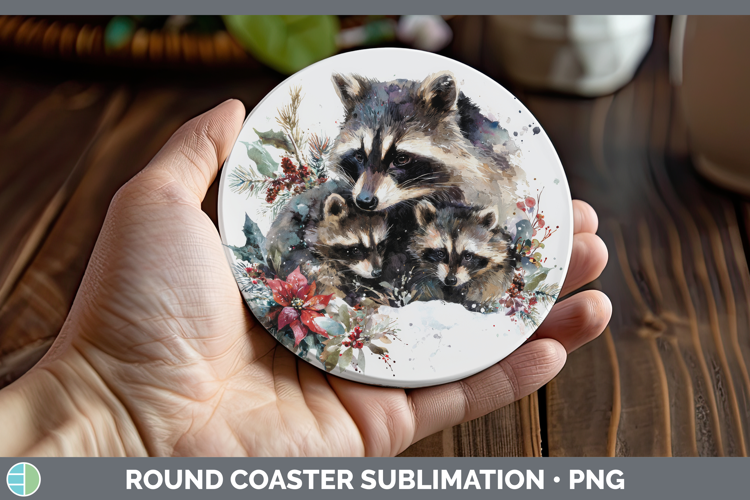 Raccoon Round Coaster Woodland Christmas Poinsettia Sublimat