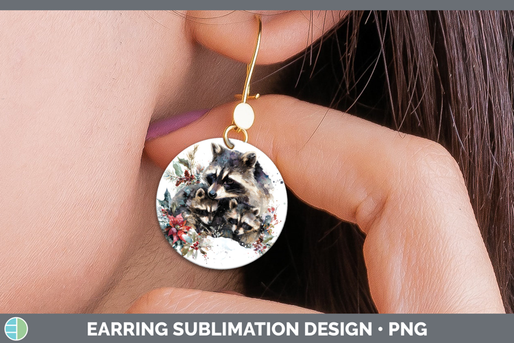 Raccoon Round Earrings Woodland Christmas Poinsettia Sublima