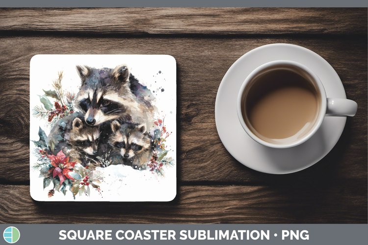 Raccoon Square Coaster Woodland Christmas Poinsettia Sublima