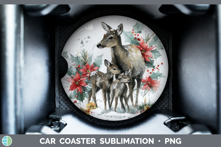 Reindeer Car Coaster Woodland Christmas Poinsettia Sublimati