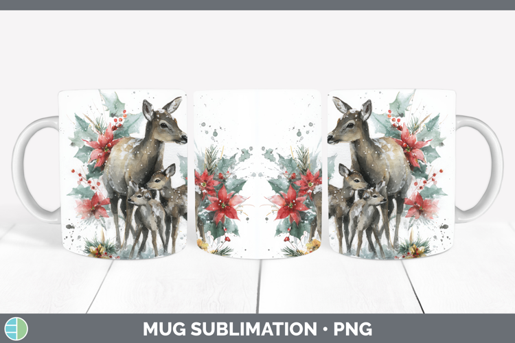 Reindeer Mug Wrap Woodland Christmas Poinsettia Sublimation