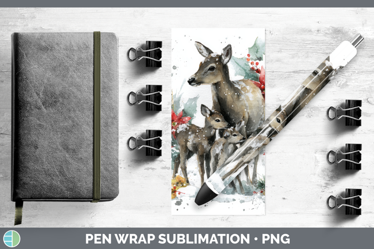 Reindeer Pen Wrap Woodland Christmas Poinsettia Sublimation