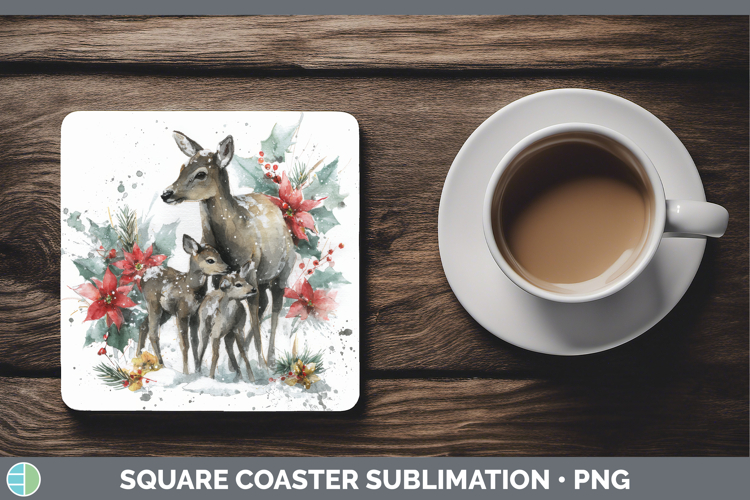 Reindeer Square Coaster Woodland Christmas Poinsettia Sublim