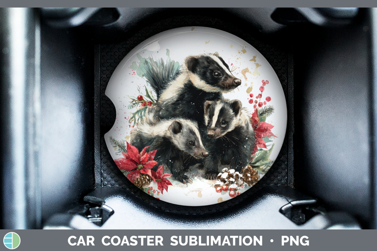 Skunk Car Coaster Woodland Christmas Poinsettia Sublimation