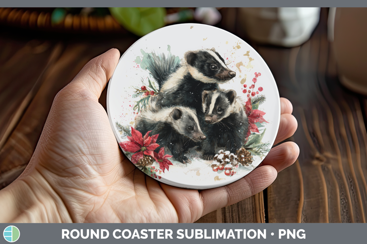 Skunk Round Coaster Woodland Christmas Poinsettia Sublimatio