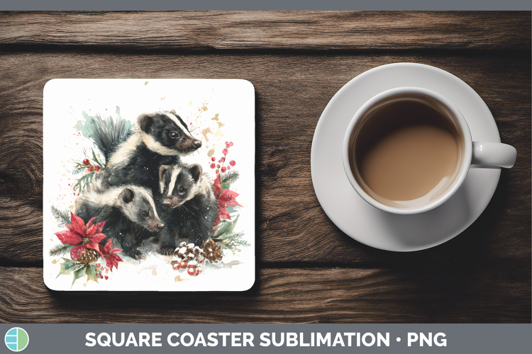 Skunk Square Coaster Woodland Christmas Poinsettia Sublimati