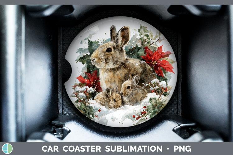 Snowshoe Hare Car Coaster Woodland Christmas Poinsettia Subl