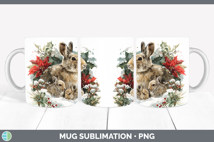 Snowshoe Hare Mug Wrap Woodland Christmas Poinsettia Sublima