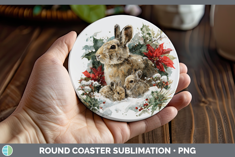 Snowshoe Hare Round Coaster Woodland Christmas Poinsettia Su