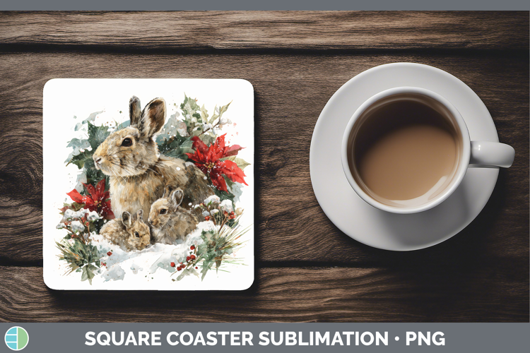 Snowshoe Hare Square Coaster Woodland Christmas Poinsettia S