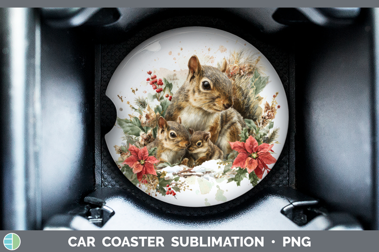 Squirrel Car Coaster Woodland Christmas Poinsettia Sublimati