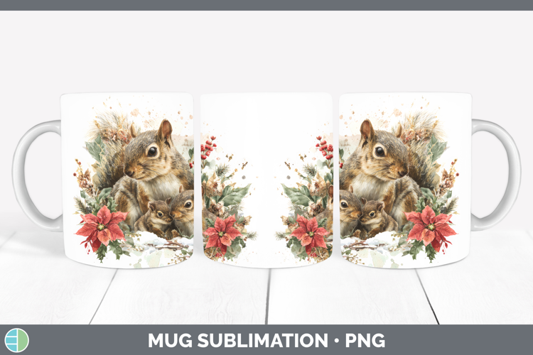 Squirrel Mug Wrap Woodland Christmas Poinsettia Sublimation