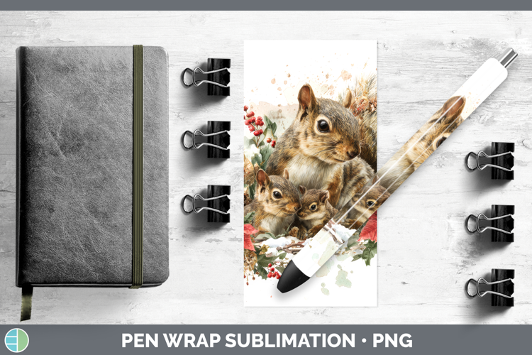 Squirrel Pen Wrap Woodland Christmas Poinsettia Sublimation