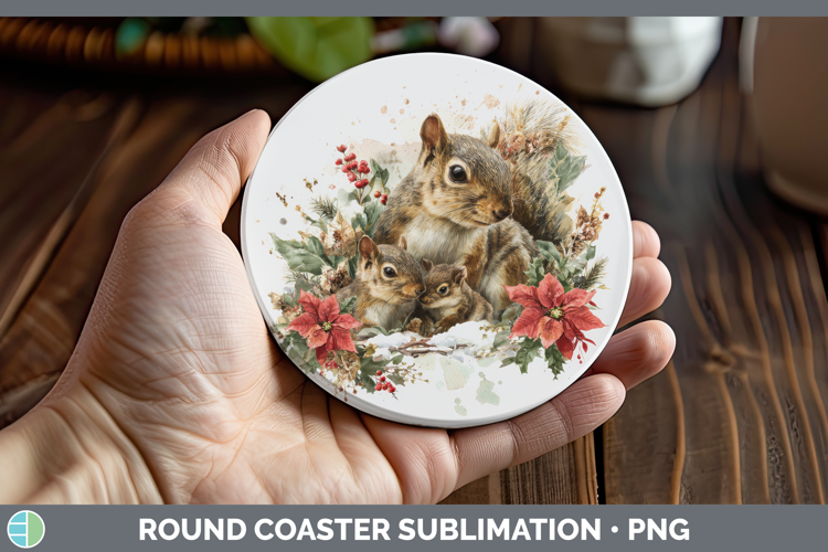 Squirrel Round Coaster Woodland Christmas Poinsettia Sublima