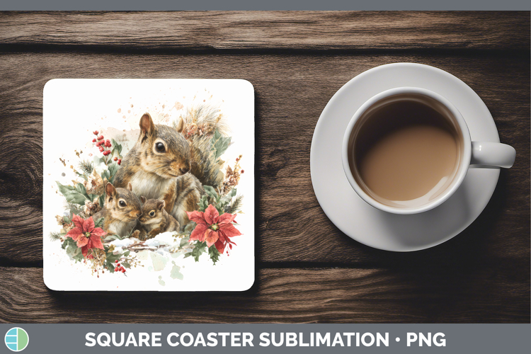 Squirrel Square Coaster Woodland Christmas Poinsettia Sublim