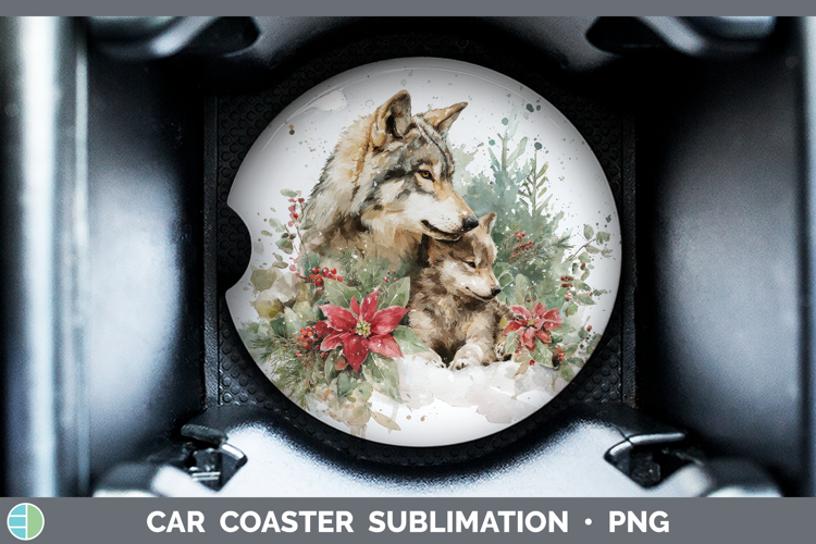 Wolf Car Coaster Woodland Christmas Poinsettia Sublimation