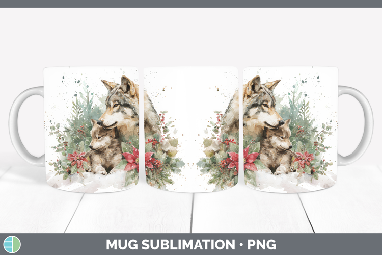 Wolf Mug Wrap Woodland Christmas Poinsettia Sublimation Coff