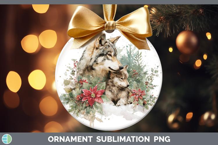 Wolf Ornament Woodland Christmas Poinsettia Sublimation Baub