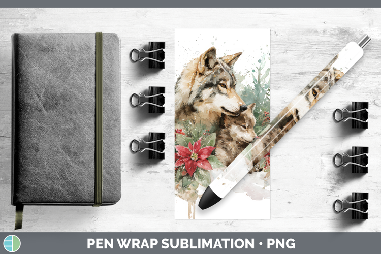 Wolf Pen Wrap Woodland Christmas Poinsettia Sublimation Pen
