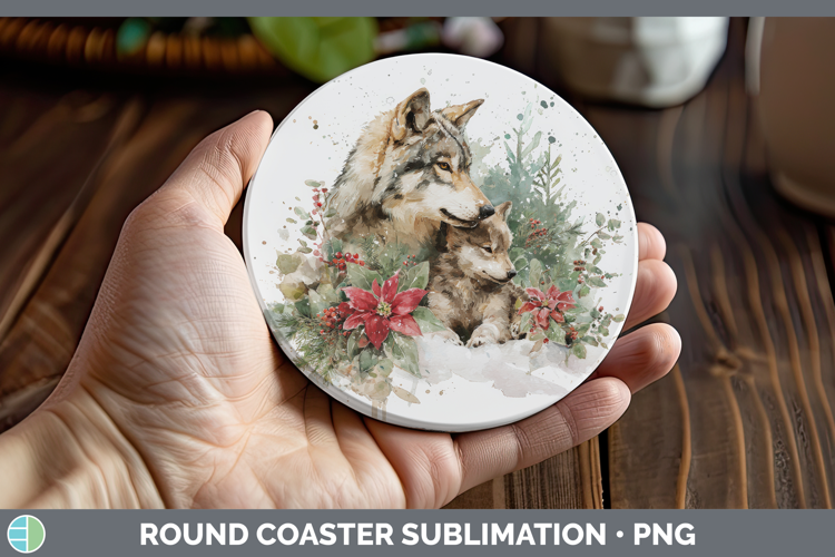 Wolf Round Coaster Woodland Christmas Poinsettia Sublimation