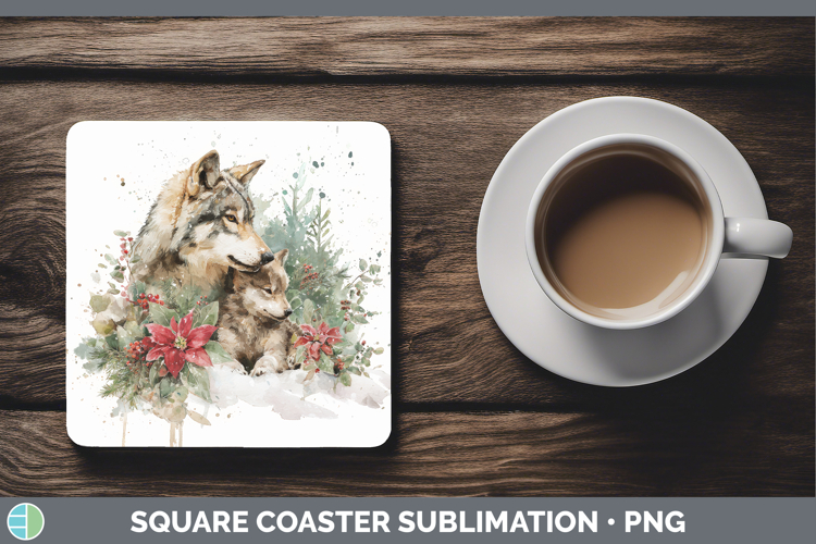 Wolf Square Coaster Woodland Christmas Poinsettia Sublimatio