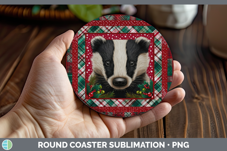 Badger Woodland Christmas Quilt Round Coaster Sublimation De
