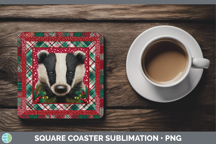 Badger Woodland Christmas Quilt Square Coaster Sublimation D