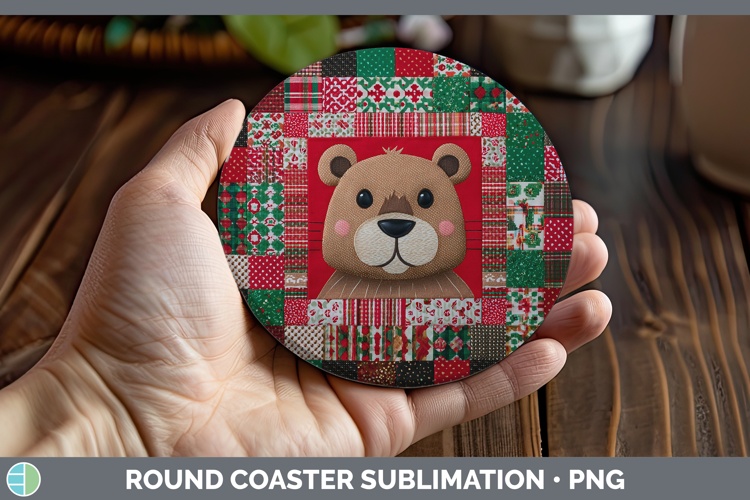 Beaver Woodland Christmas Quilt Round Coaster Sublimation De