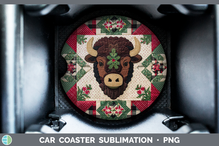 Bison Woodland Christmas Quilt Car Coaster Sublimation Desig