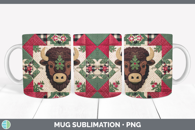 Bison Woodland Christmas Quilt Mug Wrap Sublimation Design
