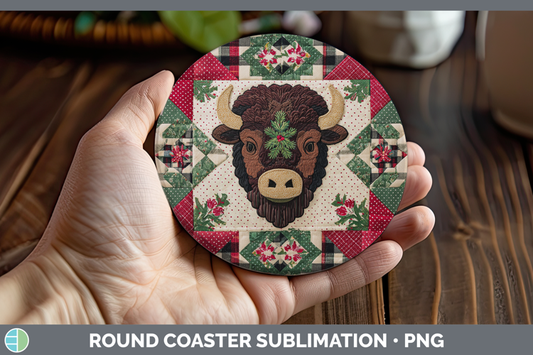 Bison Woodland Christmas Quilt Round Coaster Sublimation Des