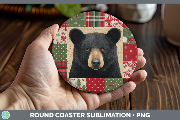 Black Bear Woodland Christmas Quilt Round Coaster Sublimatio