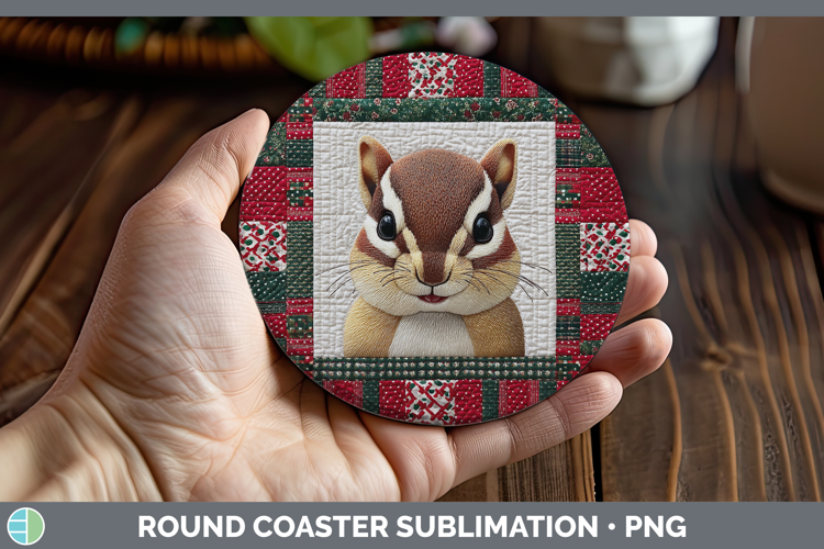 Chipmunk Woodland Christmas Quilt Round Coaster Sublimation