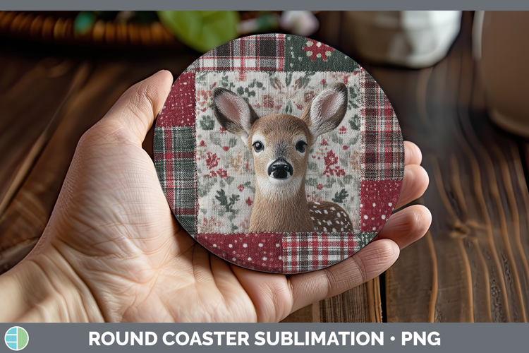 Deer Woodland Christmas Quilt Round Coaster Sublimation Desi