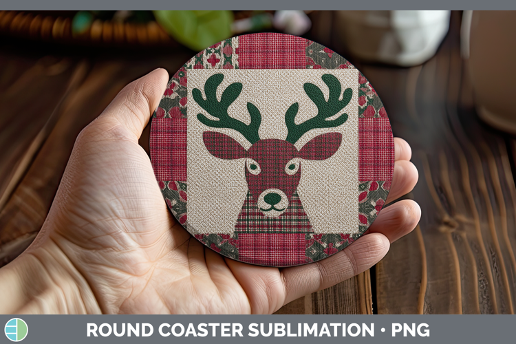 Elk Woodland Christmas Quilt Round Coaster Sublimation Desig