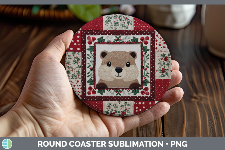 Groundhog Woodland Christmas Quilt Round Coaster Sublimation