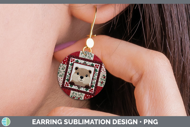 Groundhog Woodland Christmas Quilt Round Earrings Sublimatio
