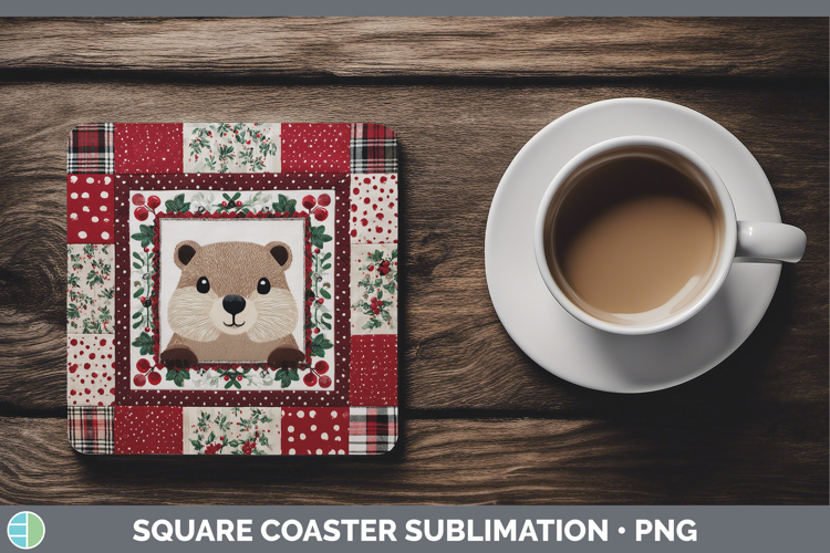 Groundhog Woodland Christmas Quilt Square Coaster Sublimatio