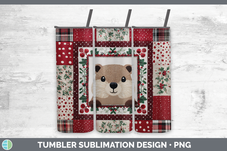 Groundhog Woodland Christmas Quilt Tumbler Sublimation Desig
