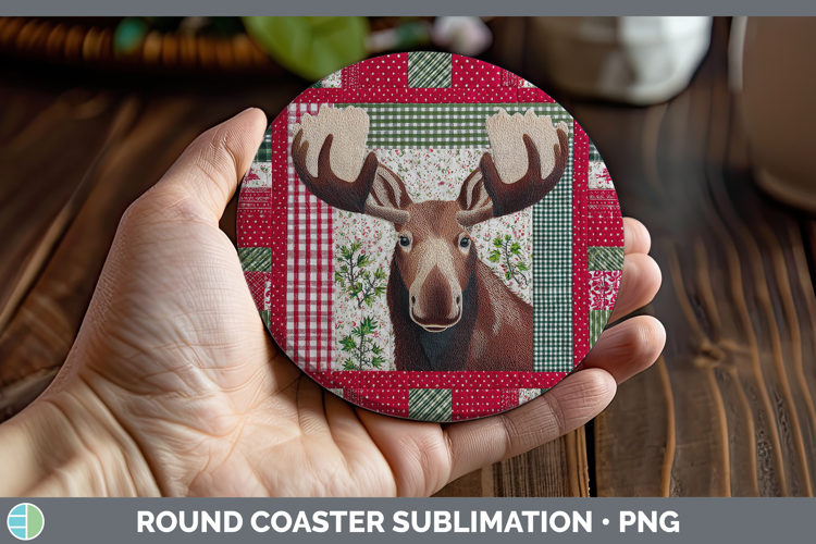 Moose Woodland Christmas Quilt Round Coaster Sublimation Des